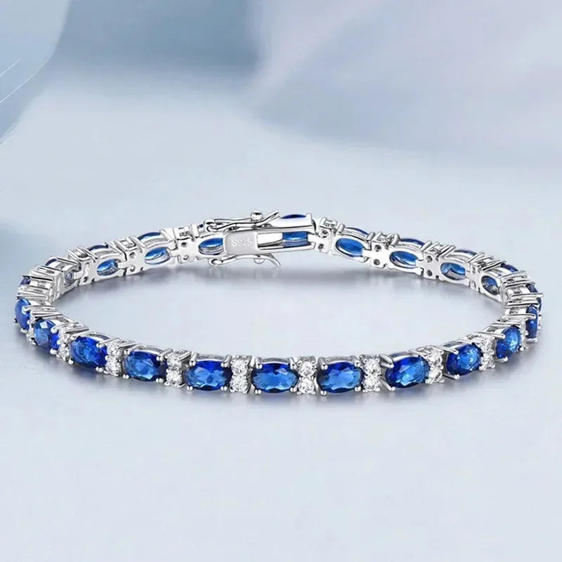 925 Sterling Silver  Sapphire Bracelet for Women Elegant Shine Gem Solid  Bangle High Quality Wedding  Party Jewelry Gifts