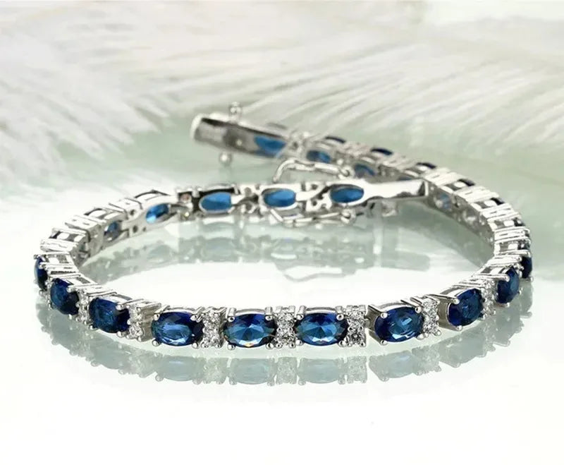 925 Sterling Silver  Sapphire Bracelet for Women Elegant Shine Gem Solid  Bangle High Quality Wedding  Party Jewelry Gifts